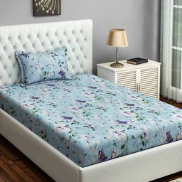 SWAYAM Blue Floral 144 TC Cotton 1 Single Bedsheet with 1 Pillow Covers-image-96