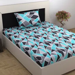 Divine Casa Emerald Turquoise Blue Abstract Cotton 144 TC Single Bedsheet &1 Pillow Cover-image-7