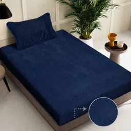 FABINALIV Navy Blue Solid 300 TC Woollen Single Bedsheet with Pillow Cover-1