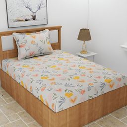 BREVARD Off White & Orange Printed 210 TC Single Bedsheet With 1 Pillow Cover-image-72