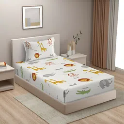 BREVARD Off White Conversational Polycotton 210 TC Single Bedsheet with 1 Pillow Cover-image-63
