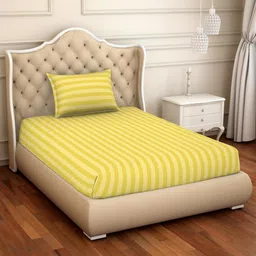 SPACES Beige & Yellow Striped 210 TC Single Bedsheet with Pillow Covers-image-52