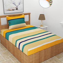 MORADO Beige & White Striped 210 TC Single Fitted Bedsheet with 1 Pillow Cover-image-58