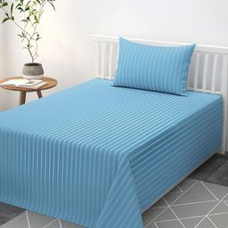 Furnistitchs Blue Striped 300 TC Fitted Single Bedsheet with 1 Pillow Cover-image-95