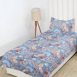 RD TREND Blue & Yellow Paisly Printed 210 TC Cotton Single Bedsheet with 1 Pillow Covers-picture-6