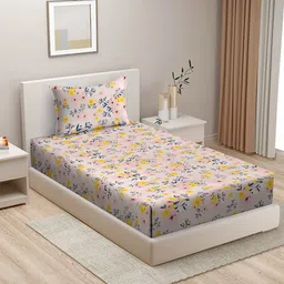 HOSTA HOMES Pink & Blue Floral 210 TC Cotton Flat Single Bedsheet With 1 Pillow Cover-picture-10