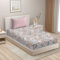 HOSTA HOMES Pink & Blue Floral 210 TC Single Bedsheet with 1 Pillow Cover-image-97