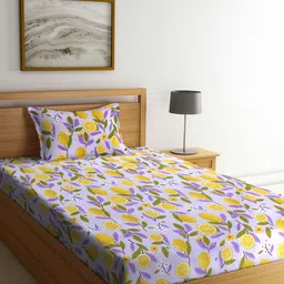 Arrabi Purple & Green Floral 300 TC Single Bedsheet with 1 Pillow Covers-image-94