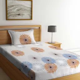FABINALIV Beige & Blue Floral 300 TC Fitted Single Bedsheet With 1 Pillow Cover-image-21