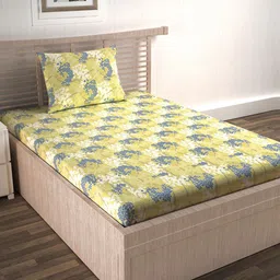 Divine Casa Yellow & White Floral 144 TC Single Bedsheet with 1 Pillow Cover-image-65