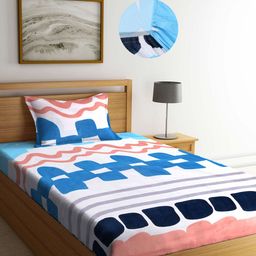 Arrabi White & Blue Geometric 300 TC Single Bedsheet with 1 Pillow Covers-23