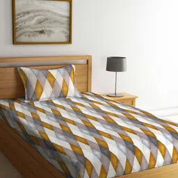 Arrabi Grey & Brown Geometric 300 TC Single Bedsheet with 1 Pillow Covers-image-17