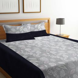 KLOTTHE Grey Floral Printed 250 TC Cotton Double Bedcover With 2 Pillow Covers-image-70