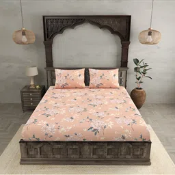 BED-SHEET.COM Peach & White Printed Cotton 300 TC King Bedsheet With 2 Pillow Covers-4