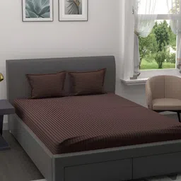 BED-SHEET.COM Brown Striped Cotton 144 TC King Bedsheet with 2 Pillow Covers-picture-28
