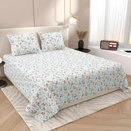 Aura White & Orange Floral Cotton 220 TC King Bedsheet With 2 Pillow Covers-image-57