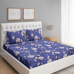 Aura Blue & White Floral Microfiber 144 TC Queen Bedsheet With 2 Pillow Covers-image-51