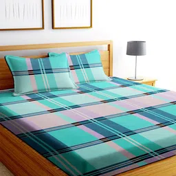 MODEFE Turquoise Blue & Pink Geometric 180 TC Queen Bedsheet & 2 Pillow Covers-image-29