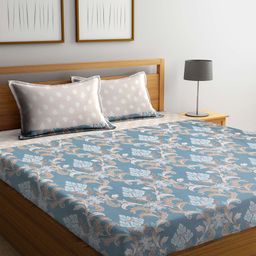 Arrabi Beige & Blue Floral 300 TC Super King Bedsheet With 2 Pillow Covers-5