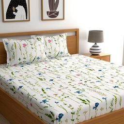 Home Ecstasy White & Blue Floral 140 TC King Bedsheet with 2 Pillow Covers-image-14