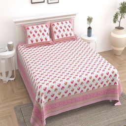 UNIQCHOICE Pink & White Floral Cotton 180 TC King Bedsheet With 2 Pillow Covers-image-62
