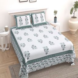 UNIQCHOICE Blue & White Floral Cotton 180 TC King Bedsheet With 2 Pillow Covers-image-64