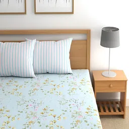 Srijee Decors Blue & Pink Floral 210 TC Fitted King Bedsheet With 2 Pillow Covers-picture-35
