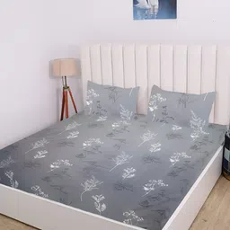 RD TREND Grey Floral 210 TC Cotton King Fitted Bedsheet with 2 Pillow Covers-image-68