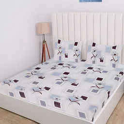 RD TREND White & Blue Floral Cotton Fitted 210 TC King Bedsheet With 2 Pillow Covers-image-91