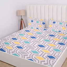 RD TREND Yellow Geometric Printed 210 TC Cotton Fitted King Bedsheet with 2 Pillow Covers-image-88