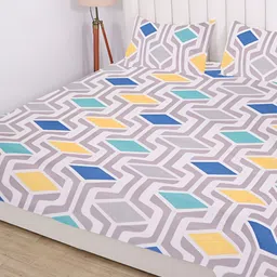 RD TREND Yellow & Grey Geometric Printed 210 TC Cotton King Bedsheet with 2 Pillow Covers-5