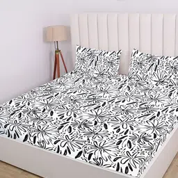 RD TREND White & Black Floral 210 TC Cotton King Fitted Bedsheet With 2 Pillow Covers-image-80