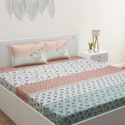HOME AFFAIRS White & Pink Floral Cotton 210 TC King Bedsheet With 2 Pillow Covers-image-17