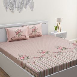 HOME AFFAIRS Pink & Green Floral Pure Cotton 210 TC King Bedsheet with 2 Pillow Covers-image-47
