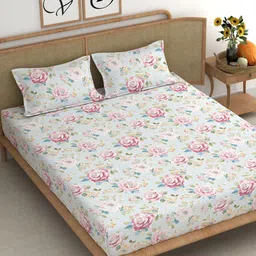 CHHAVI INDIA Blue & White Floral 210 TC King Bedsheet with 2 Pillow Covers-image-41