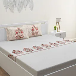 HOME AFFAIRS Grey & Green Floral Cotton 210 TC King Bedsheet With 2 Pillow Covers-image-82