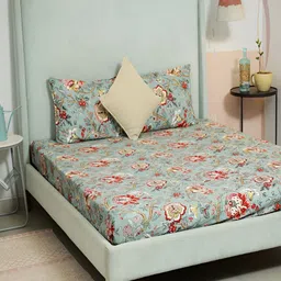 Srijee Decors Green & Red Floral 250 TC Fitted King Bedsheet With 2 Pillow Covers-image-42
