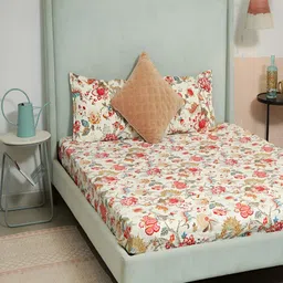 Srijee Decors Red & White Floral 250 TC Fitted King Bedsheet With 2 Pillow Covers-picture-34