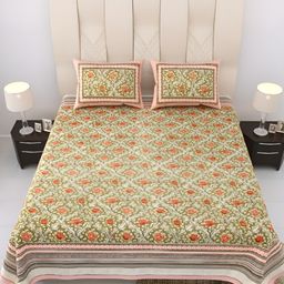 EasyGoods Green & Orange Floral 250 TC King Cotton Bedsheet with 2 Pillow Covers-image-13