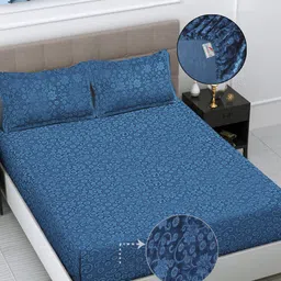 FABINALIV Blue Floral Woolen 300 TC Fitted King Bedsheet with 2 Pillow Covers-image-23