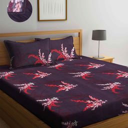 Arrabi Purple & Burgundy Floral 300 TC King Bedsheet with 2 Pillow Covers-image-66