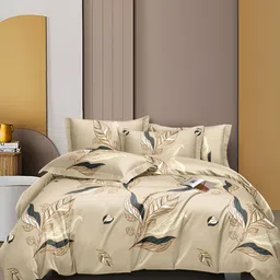 DECOREZA Beige Floral Printed Fitted Cotton 300 TC King Bedsheet with 2 Pillow Covers-image-16