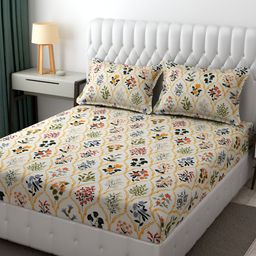 Furnistitchs Off White & Yellow Floral 300 TC Fitted King Bedsheet With 2 Pillow Covers-image-45