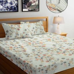 FABINALIV Green & Orange Floral 300 TC Fitted Super King Bedsheet with 2 Pillow Covers-image-84