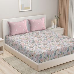 HOSTA HOMES White & Pink Floral 280 TC King Pure Cotton Bedsheet with 2 Pillow Covers-image-46