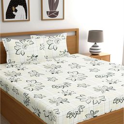 Dreamscape White & Green Floral Printed 300 TC Cotton King Bedsheet With 2 Pillow Covers-image-59