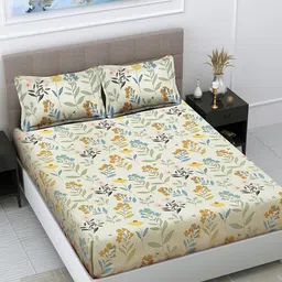 FABINALIV White & Yellow Floral Polycotton 300 TC King Bedsheet With 2 Pillow Covers-41