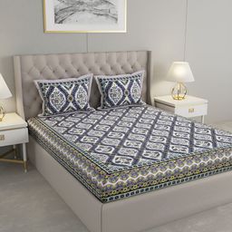 Wayne Martin Navy Blue and White Floral 330 TC King Bedsheet with 2 Pillow Covers-image-82