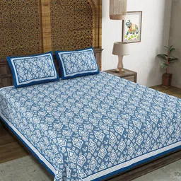 BLOCKS OF INDIA Blue Ethnic Motifs Printed Cotton 210 TC King Bedsheet & 2 Pillow Covers-image-73