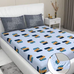 RD TREND Blue Printed 210 TC Pure Cotton Fitted King Bedsheet & 2 Pillow Covers-image-9